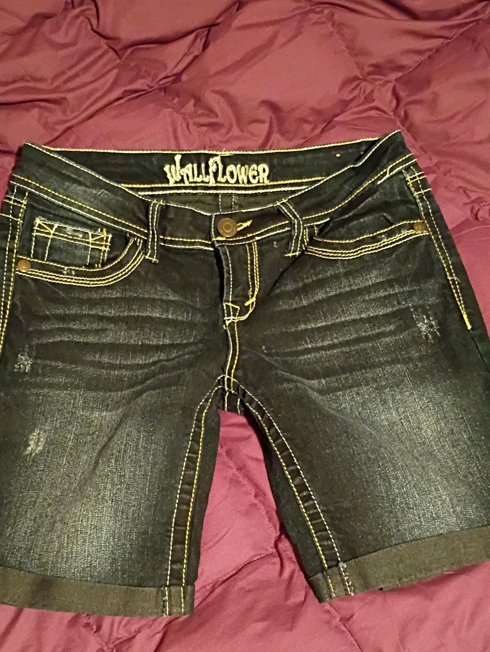 Wallflower Dark Wash Denim Bermuda Shorts with Yellow Stitching
